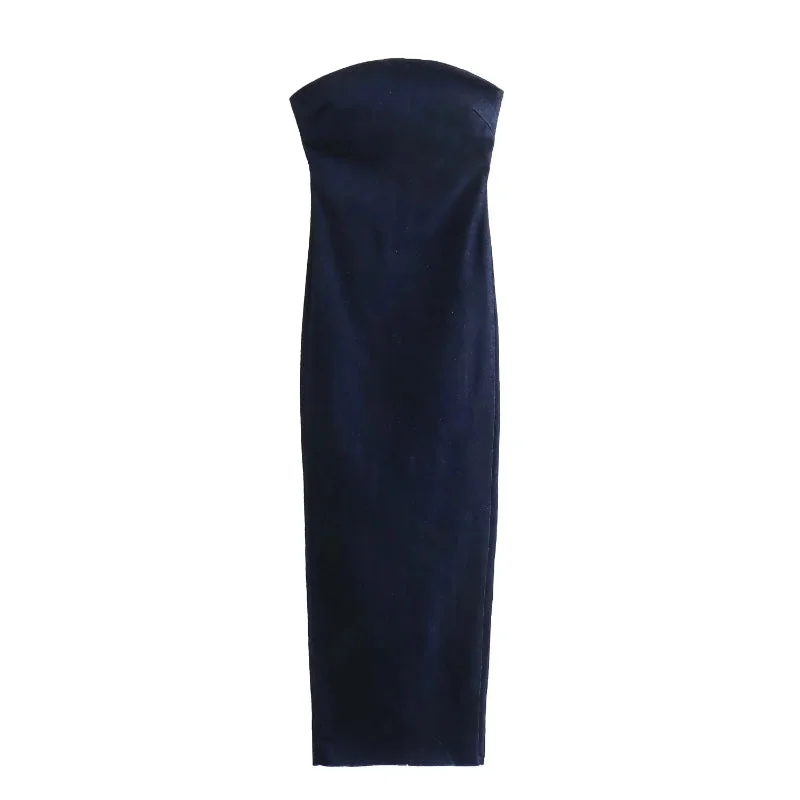ABEBEY-Denim Off Shoulder Zipper Long Dress
