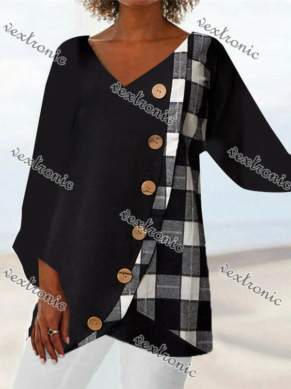 Women Asymmetrical Long Sleeve V-neck Plaid Button Top Dress