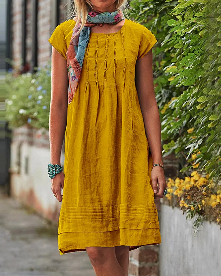 Mid-Length Casual Slimming Cotton and Linen Dress VangoghDress