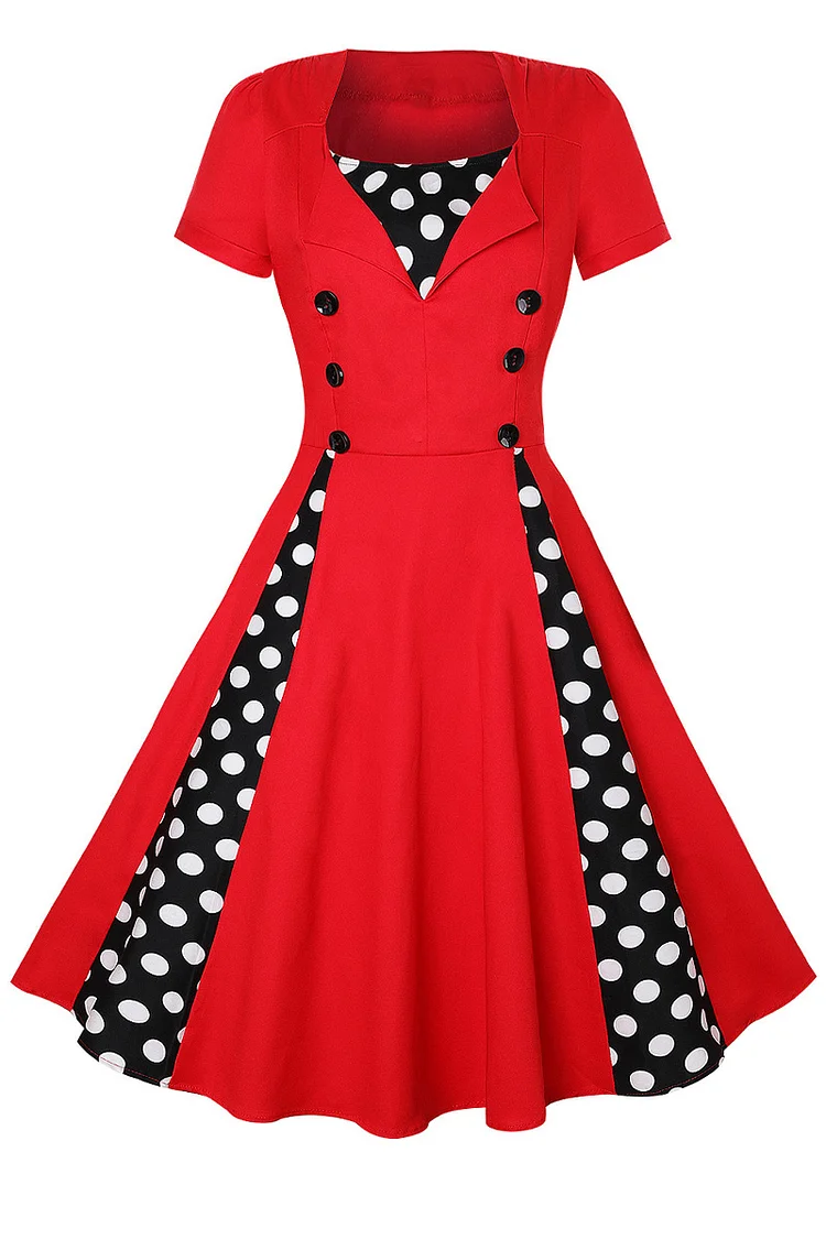 1950s Red Party Patchwork Polka Dot Button Decor Swing Midi Dress