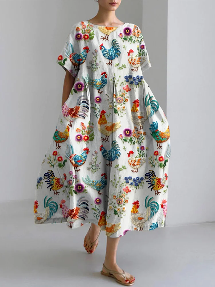 Kleid aus Leinenmischung mit Bauernhof-Hühnern und floralem Stickmuster
