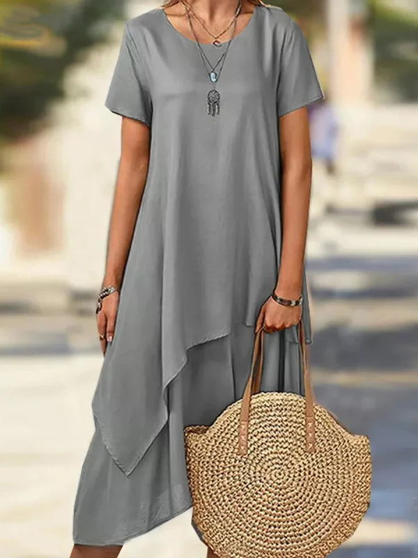 Plus Size Short Sleeves Asymmetric Solid Color Split-Joint Round-Neck Midi Dresses