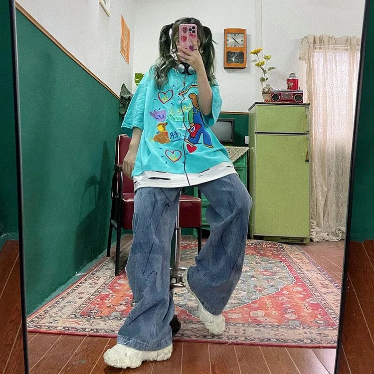 Korean Fashion Cartoon Embroidered T-shirt TK163