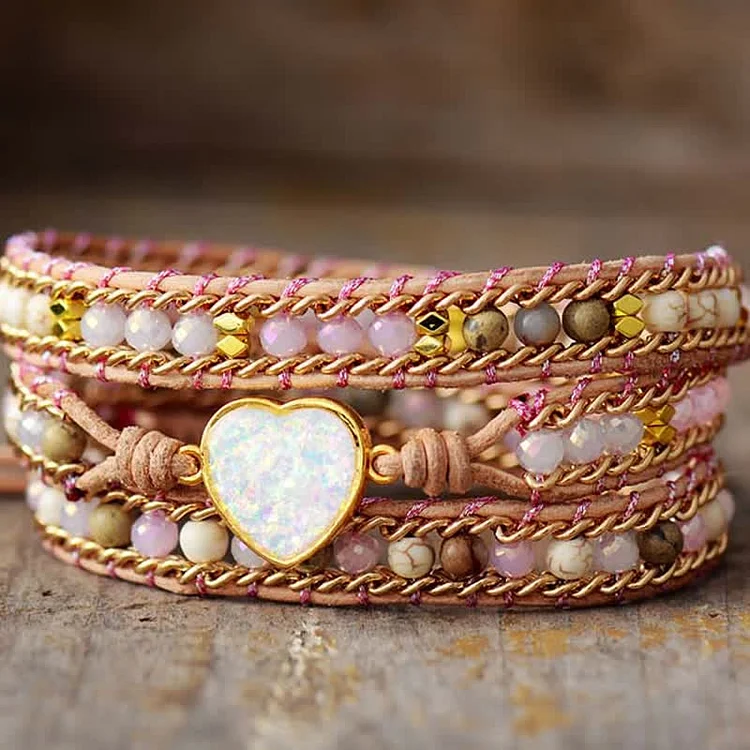 Olivenorma Rose Quartz Opal Heart-shaped Pendant Beads Wrap Bracelet