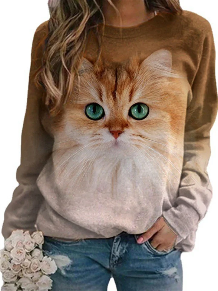 Creative 3d Printing Cat Cartoon Summer New Women's Round Neck Sweater White Brown Blue
