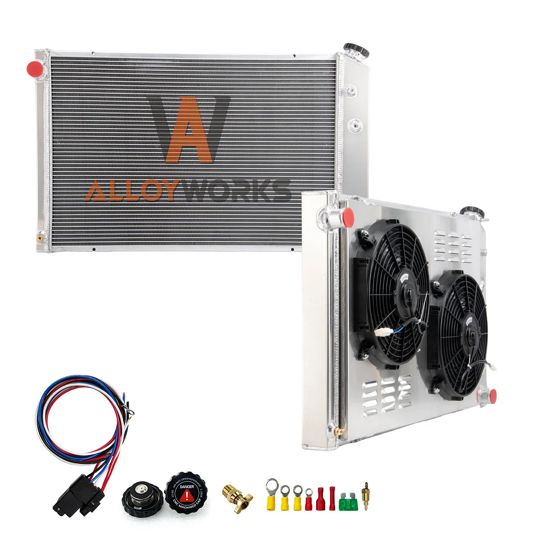 Alloyworks 4 Rows Aluminum Radiator with Shroud Fan For 1973-1991 Chevy C/K C10 C20 C30 K10/20 V8 GMC Pickup 12" 90W Fan 20-1/4" Height x 33-1/4" Width