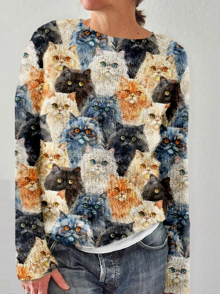 Cute Fluffy Cats Pattern Crew Neck Cozy Sweater