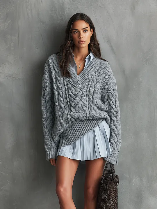 Women's Casual Grey Long-sleeve Knit Sweater MD