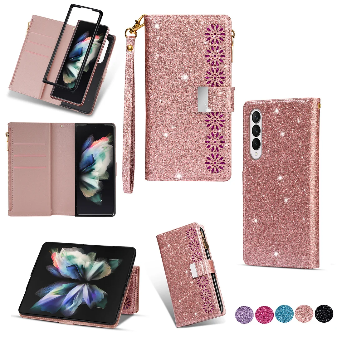 Luxury Shiny sequins laser engraving Leather Phone Case With Stand Holder,6 card slots,Carry Strap And Hinge For Galaxy Z Fold3/Fold4/Fold5