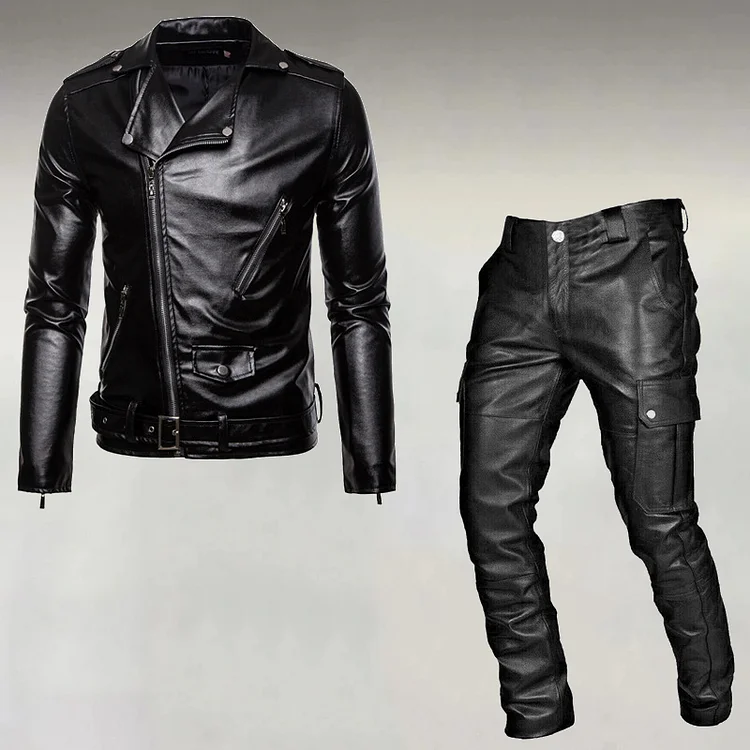 Men's PU Leather Irregular Zipper Jacket & Pant 2Pcs Set