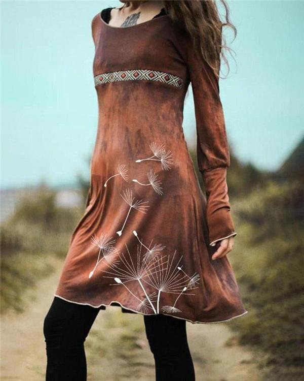 Women's Vintage Stained Dandelion Print Dress