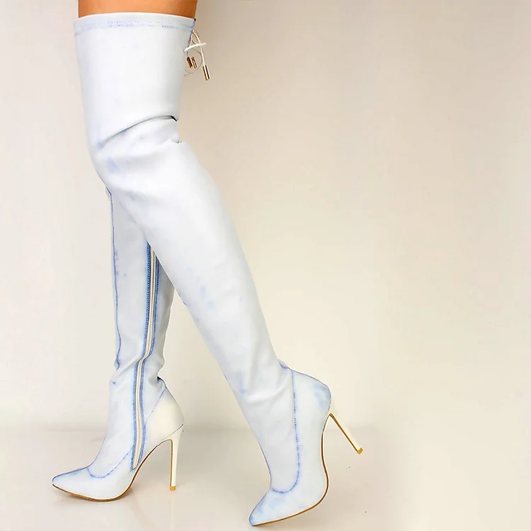 White Lycra Thigh High Heel Boots Stiletto Heel Boots |FSJ Shoes