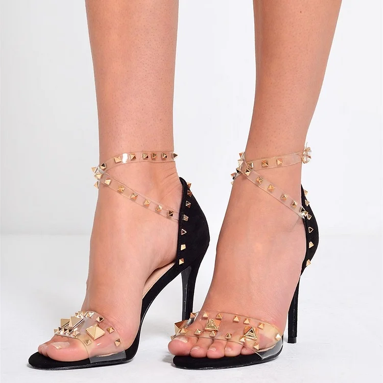 Black Clear Riveted Open Toe Ankle Strap Stiletto Heels Vdcoo