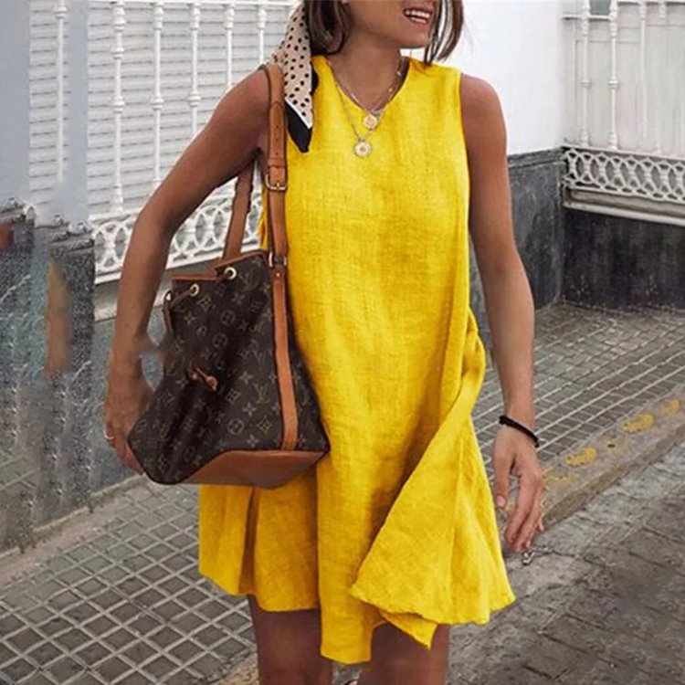 Solid Cotton Linen Holiday Mini Dress