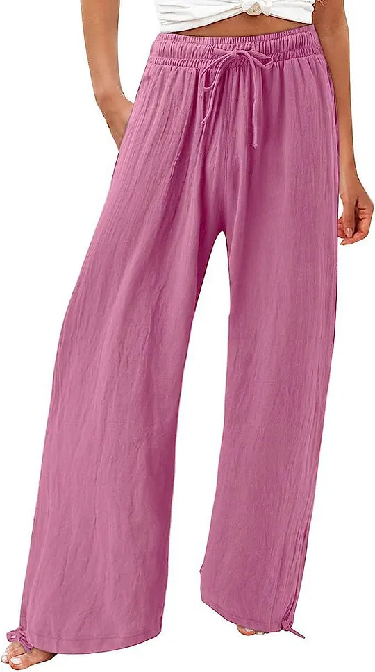 Summer Casual Loose Beach Pants Women's Wide Leg Pure Color Rope Detailing Long Trousers Comfortable Loose Fit Beachwear