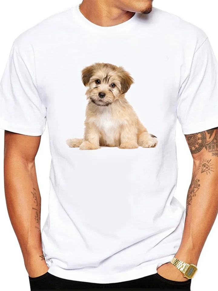 Loose T-shirt Crooked Head Puppy Dog and Small Golden Hair Printed Pattern Men's T-shirt