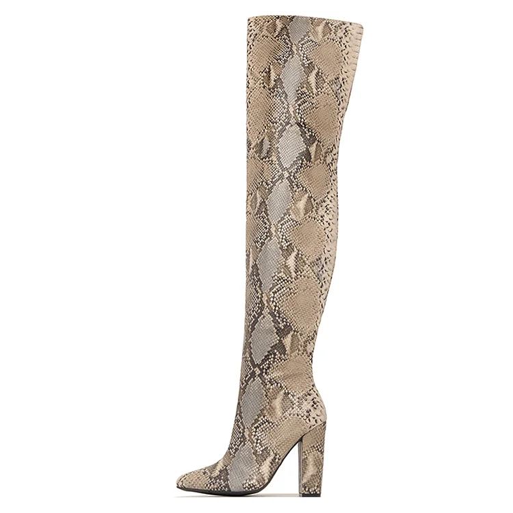 Brown Pointed Toe Snakeskin Print Thigh High Boots with Chunky Heels |FSJ Shoes