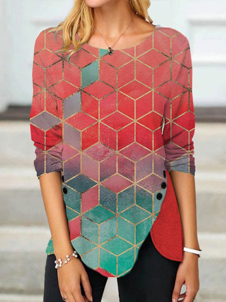 Vefave Rose And Turquoise Cubes Button Slit T Shirt