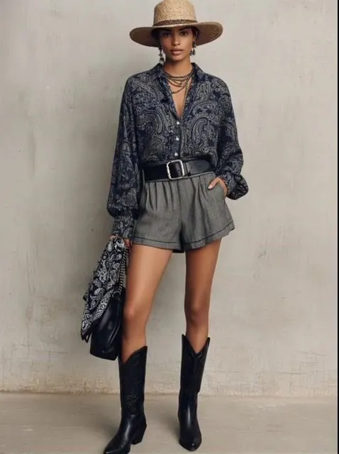 Women's Western Navy Blue Matte Satin Paisley Print Collared Shirt And Grey Cotton Blend High-Waisted Pleated Shorts Set MD