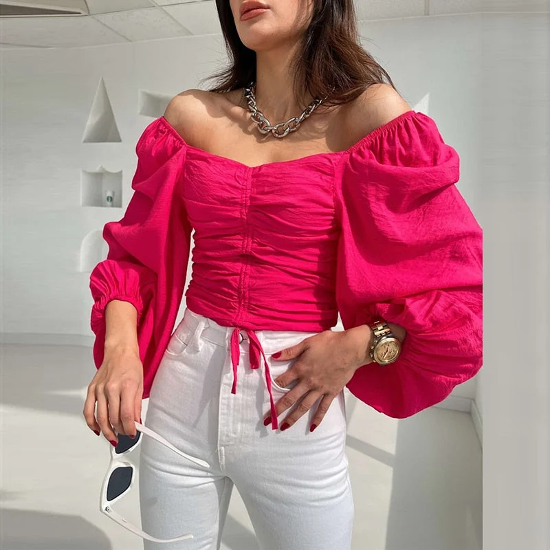 Uforever21 Autumn Lantern Sleeve Backless Draped Shirt  Off Shoulder Solid Blouse Tops Elegant Casual Drawstring Lace-Up Pullover Blusa