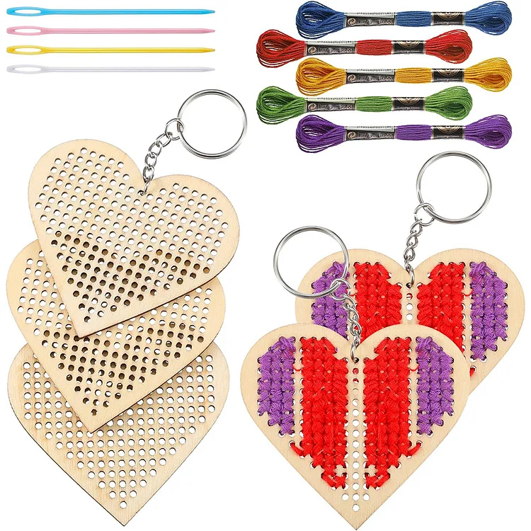 10Pcs Blank Wooden Keychain Cross Stitch Decoration Kit Heart for Kids Beginners gbfke
