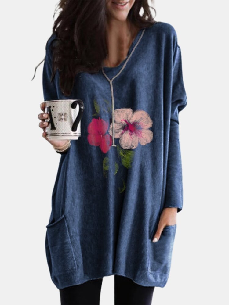 Flower Printed Long Sleeve V neck Pocket Blouse For Women P1733535