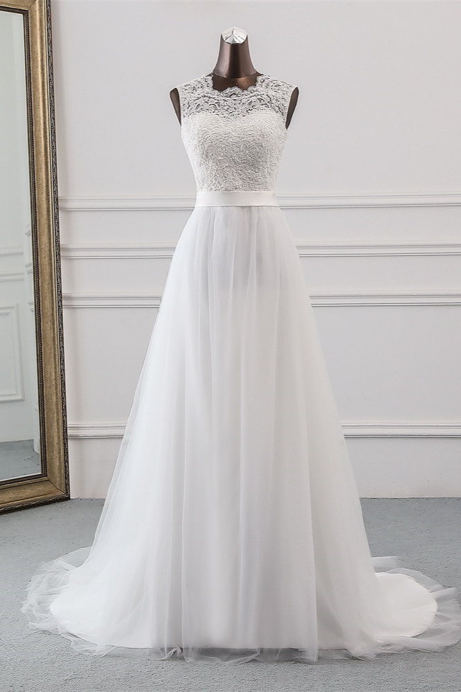 Dresseswow Jewel Long Wedding Dresses With Lace Appliques