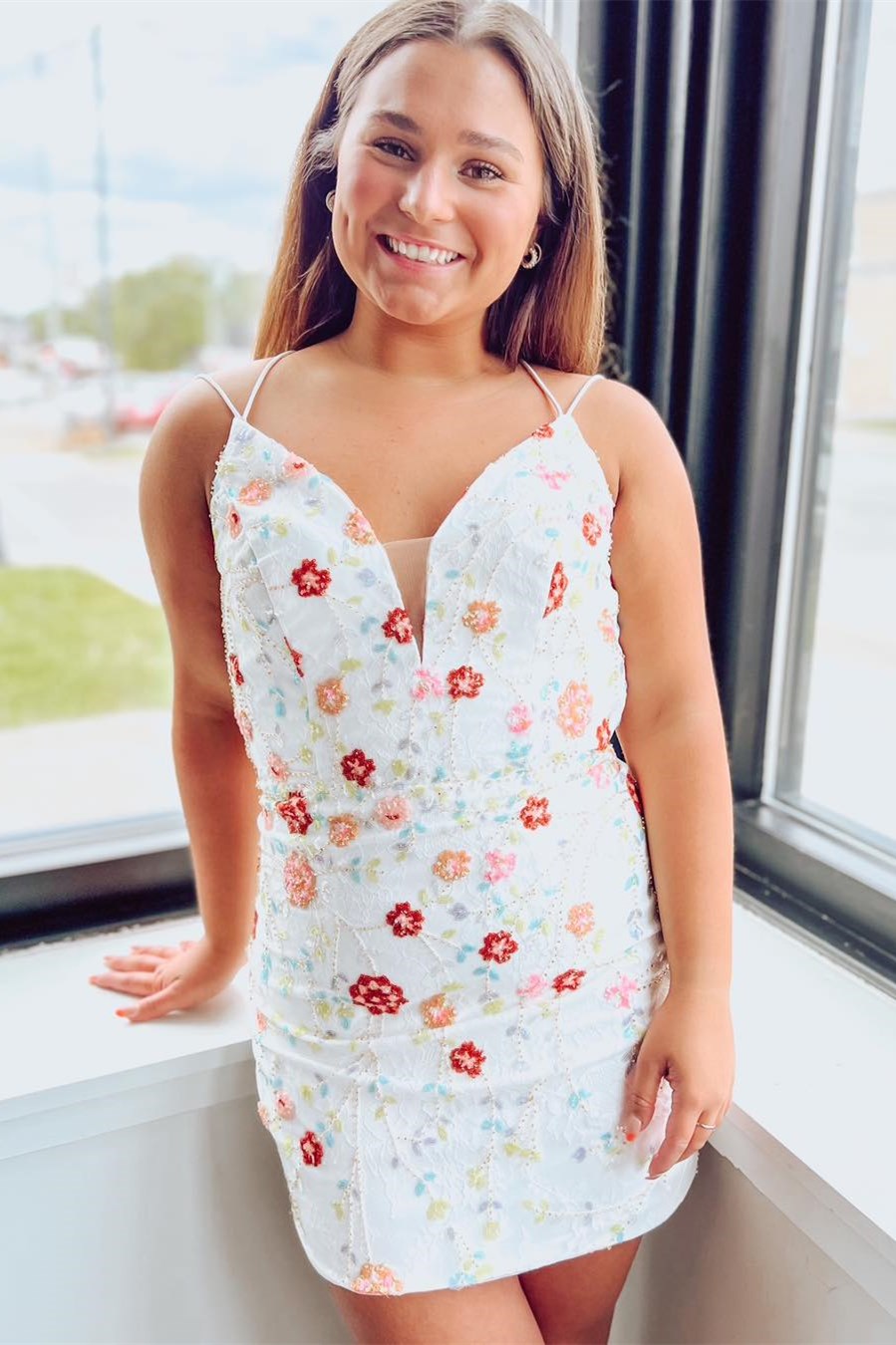 Bellasprom White Floral Embroidery Lace-Up Short Homecoming Dress Same As Picture-US2