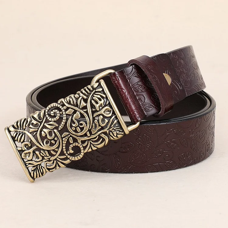 Retro Embossed Cowhide Leather Belt Wide Belts Engraved Square Buckle Women's Leather Pants Jeans Belt