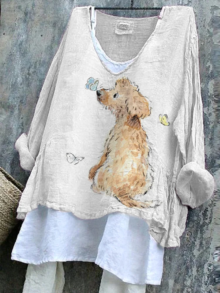 Dog Art Print Linen Blend V-Neck Shirt