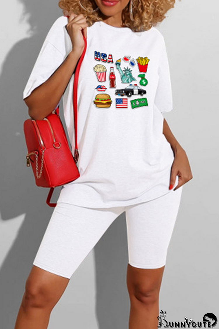 White Casual Print Patchwork O Neck Short Sleeve Two Pieces