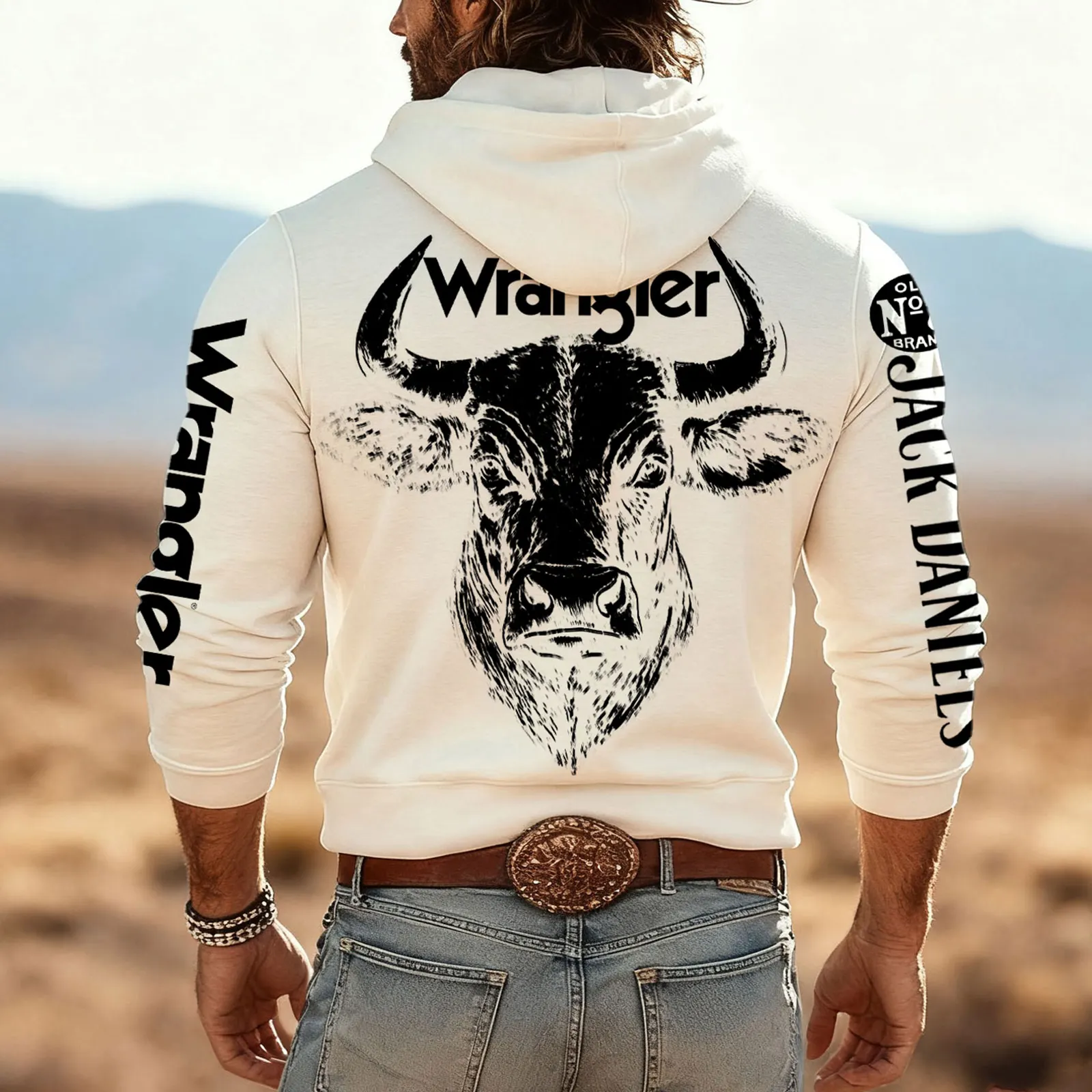 Fleece-lined Hoodie With Bull Graphic And Lettering On The Sleeves