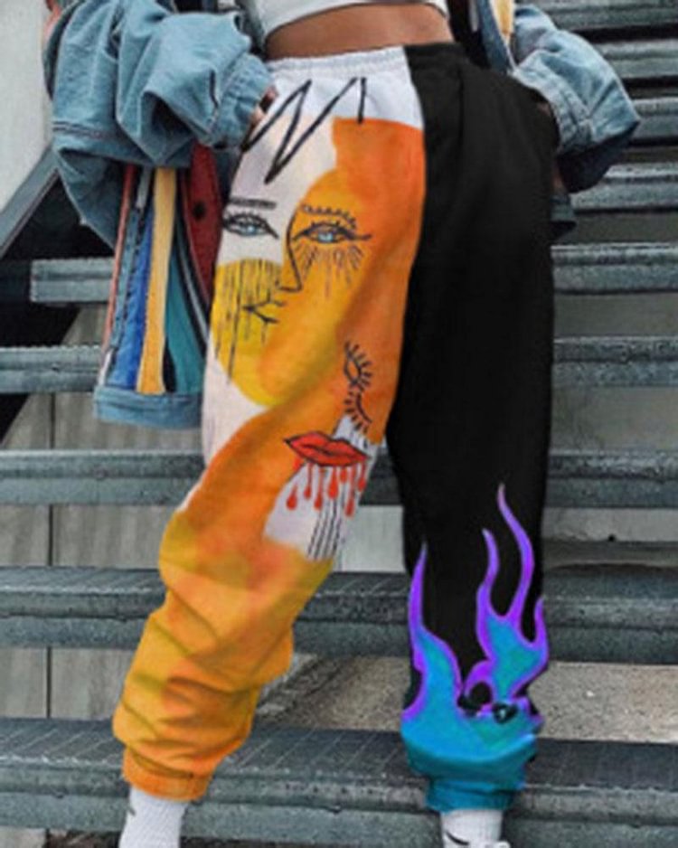 Abstract Face & Fire Print Slant Pocket Sports Pants For Women - Shop Trendy Women's Clothing | LoverChic