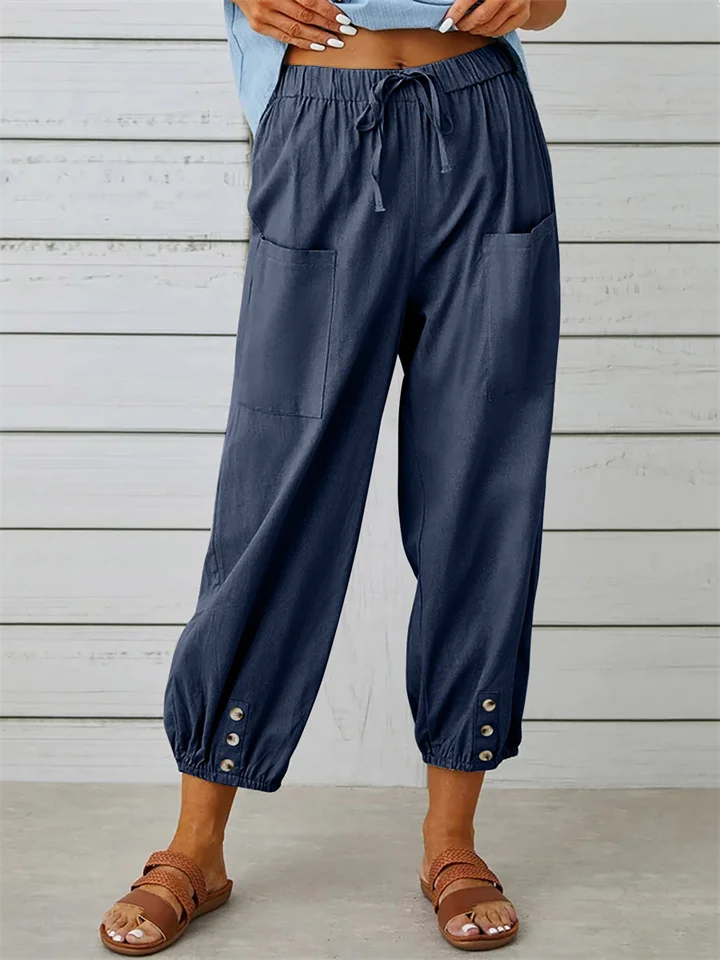 Women's New Loose Type High-waisted Button Cotton Linen Pants Nine-minute Pants Wide-legged Cotton Linen Nine-minute Pants-JRSEE