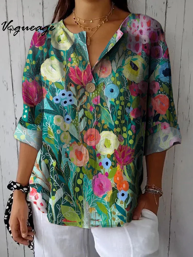 Bright And Beautiful Watercolor Flowers Printed Cotton And Linen Shirt