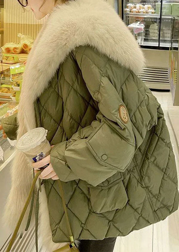 Women Green Fur Collar Oversized Duck Down Puffers Jackets Winter（Removable fur collar）