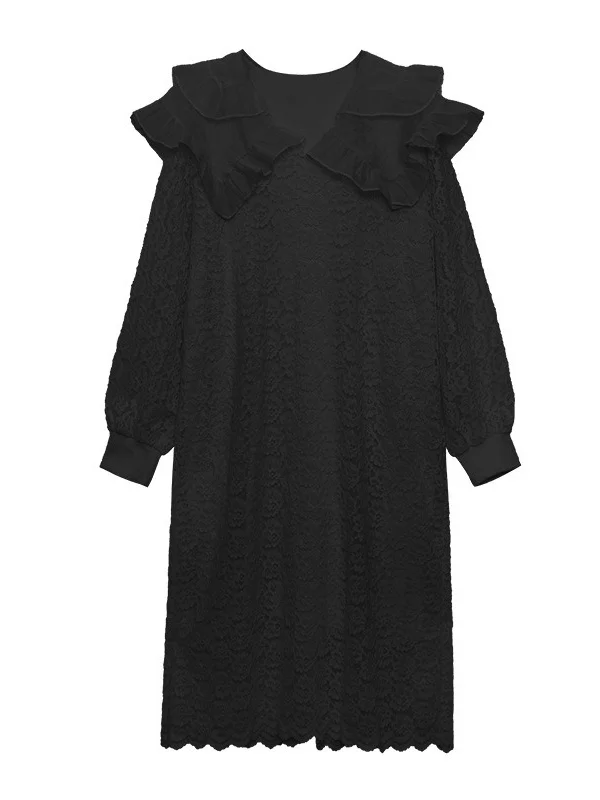 Vintage Pure Color Long Sleeves Lace Midi Dress