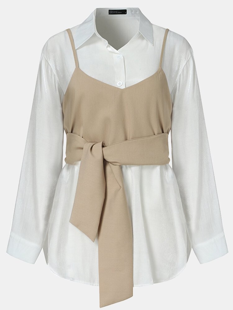 2Pcs Lapel Button Long Sleeve Casual Shirt For Women P1801411