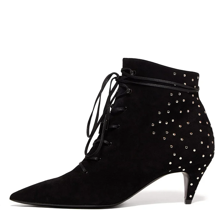 Black Lace Up Boots Vegan Suede Studded Kitten Heel Booties for Women |FSJ Shoes