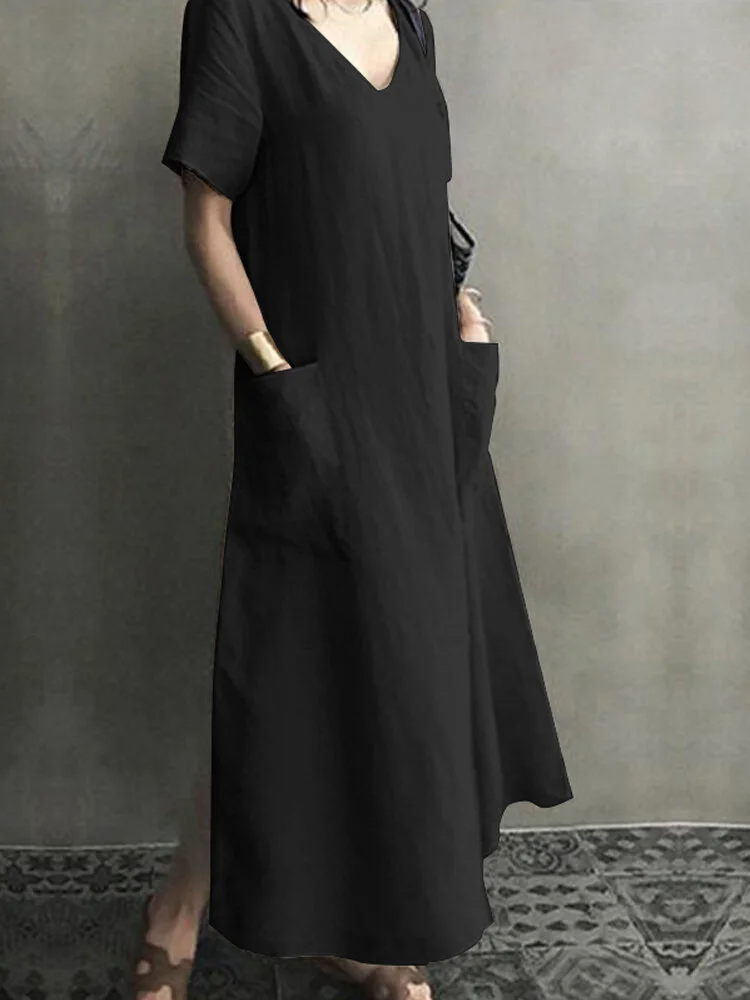 Comfy V-Neck Maxi Dress With Side Pockets