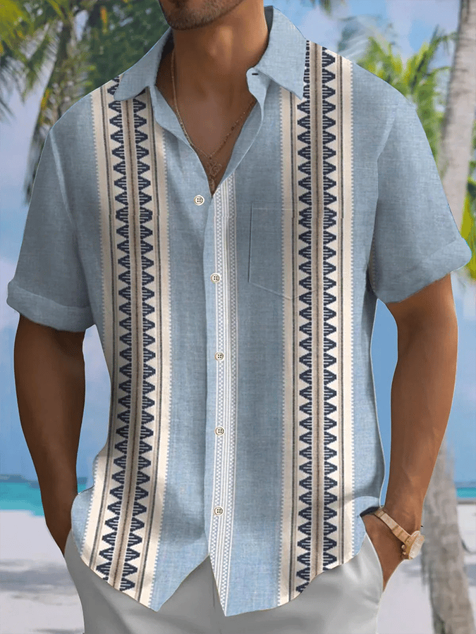 Men's Retro Striped Print Resort Casual Shirt (Pocket Included)