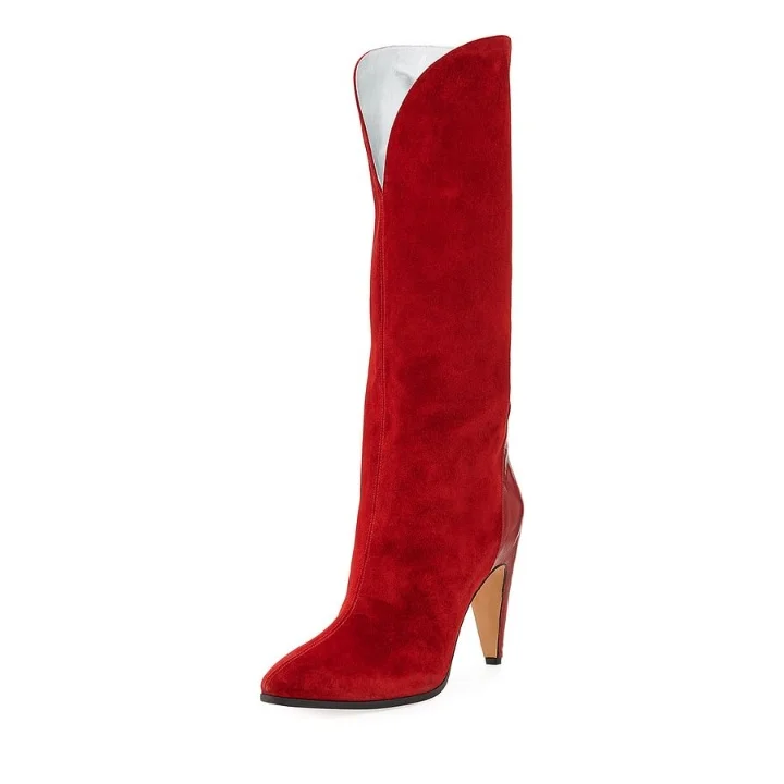 Red Western Cone Heel Knee Boots Vdcoo