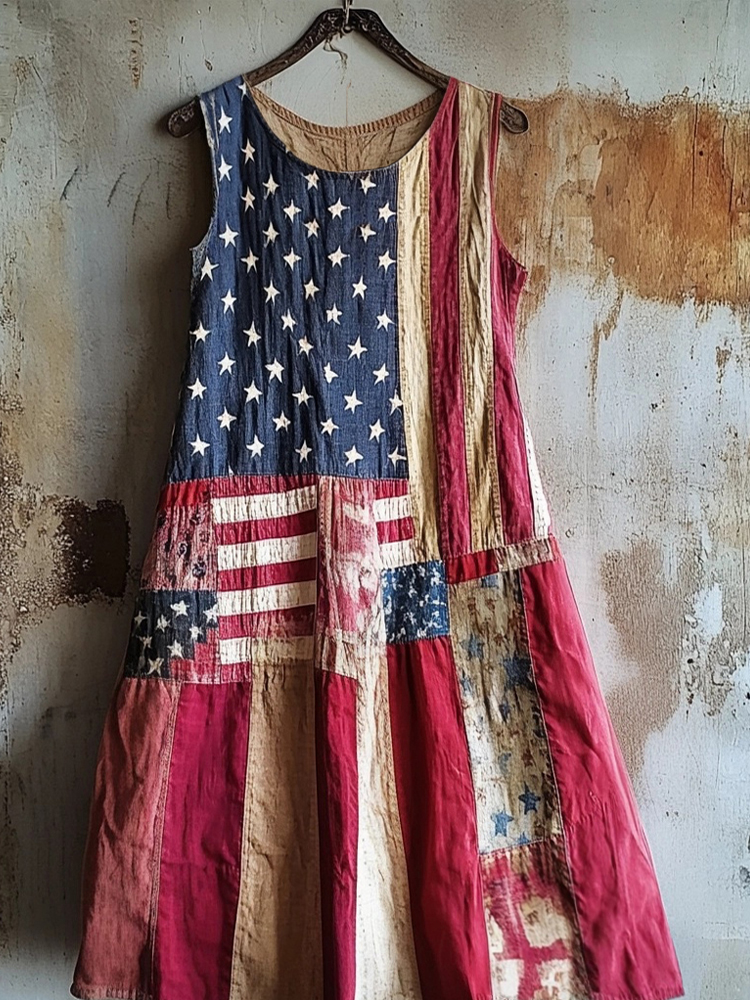 Retro American Flag Floral Art Printed Vintage Camisole Dress Long Sleeve Two-Piece Midi Dress main image 1