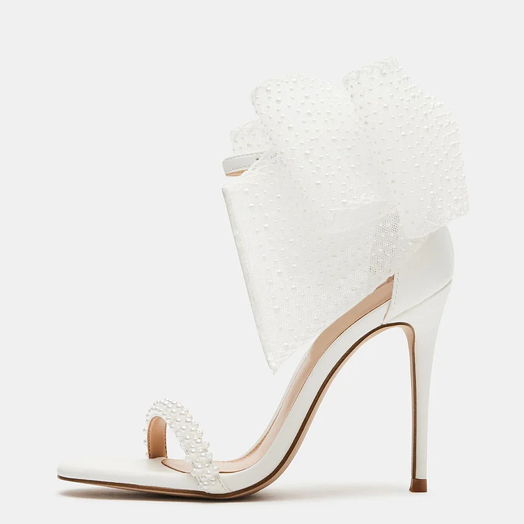 Elegant White Ankle Strap Pearl Sandals Oversize Bow Bridal Shoes |FSJ Shoes