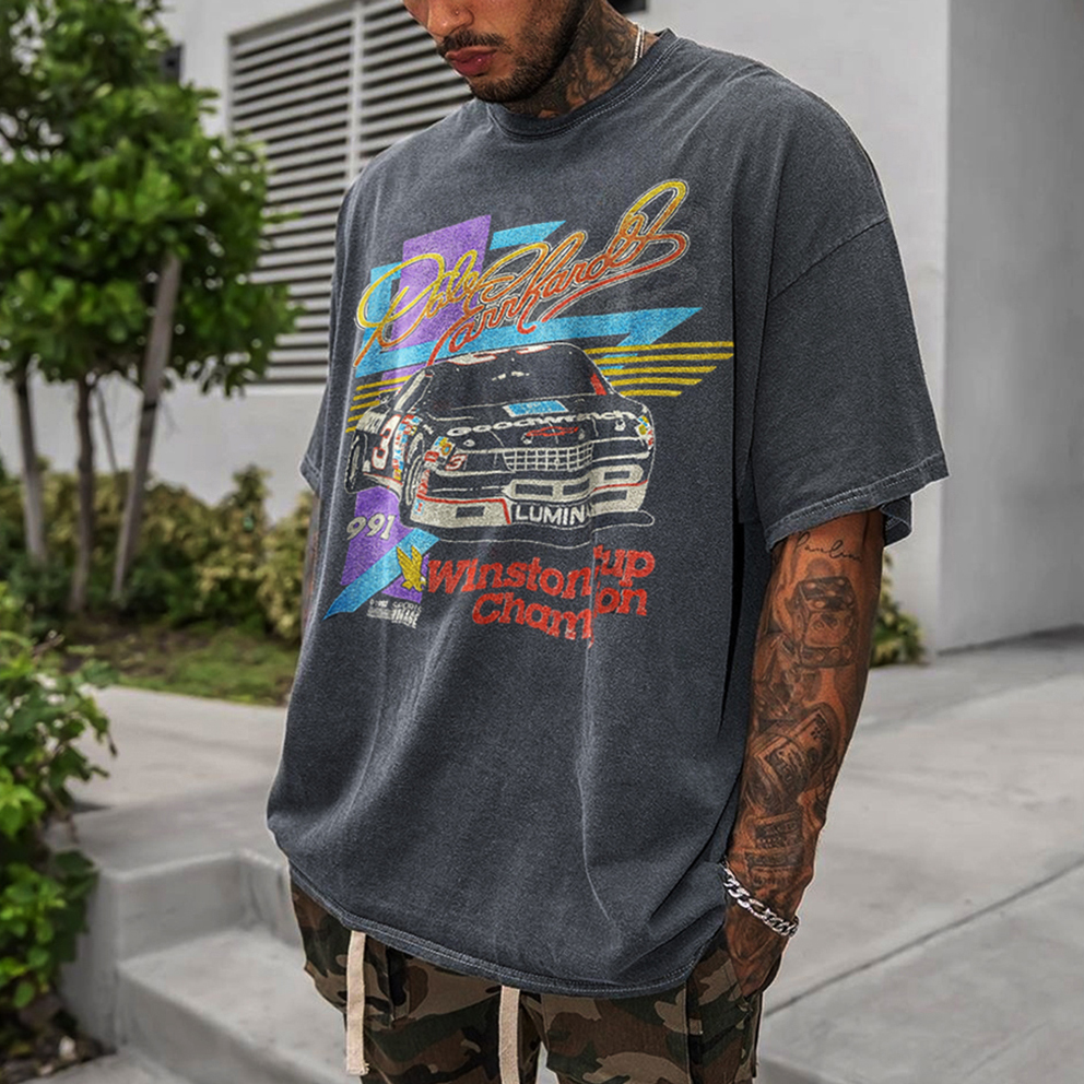 Men Retro Oversized Racing Car Print T-shirt
