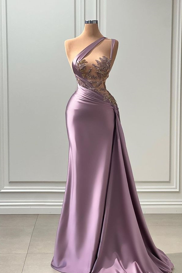Chic Pink One Shoulder Mermaid Prom Dress Slit Party Evening Gown cc2266 main image 1