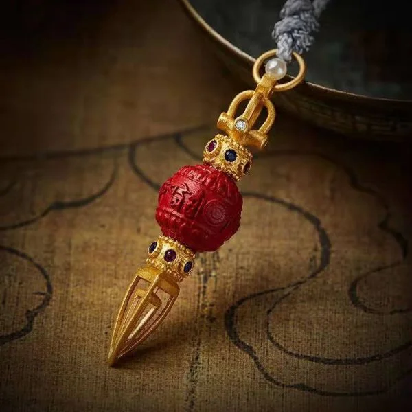 Tibetan Cinnabar Vajra Pestle Protection Pendant Necklace 