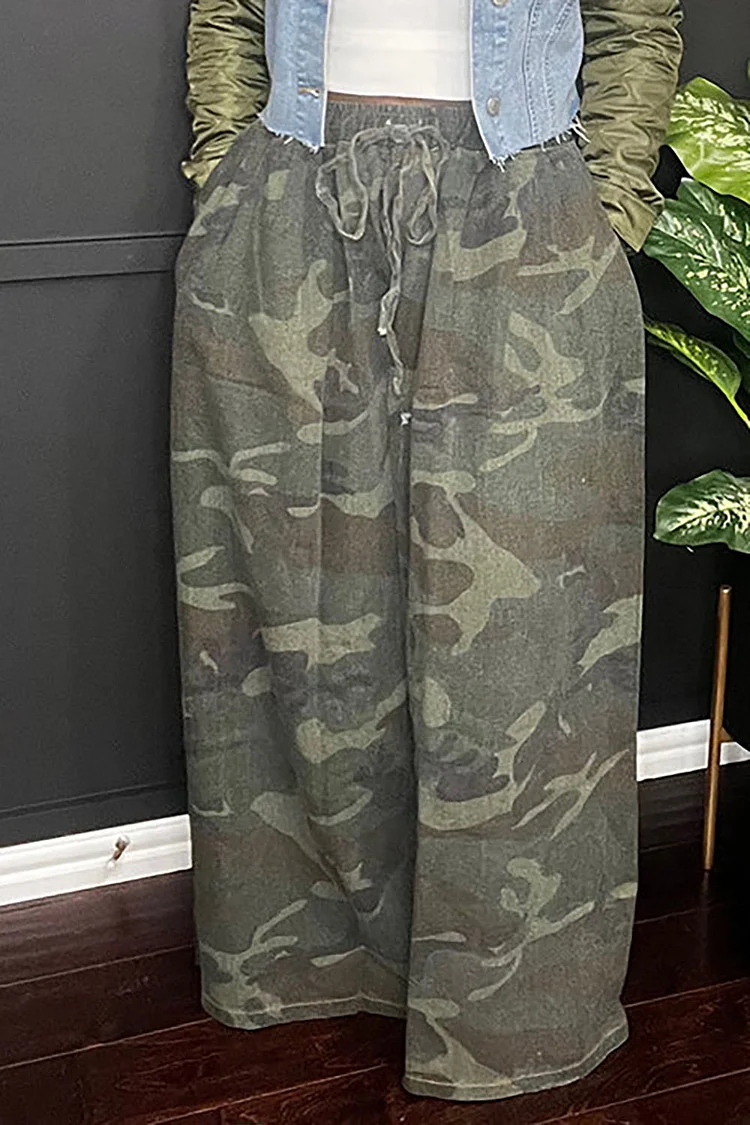 Plus Size Daily Pants Casual Army Green Camo   Wide Leg Pants