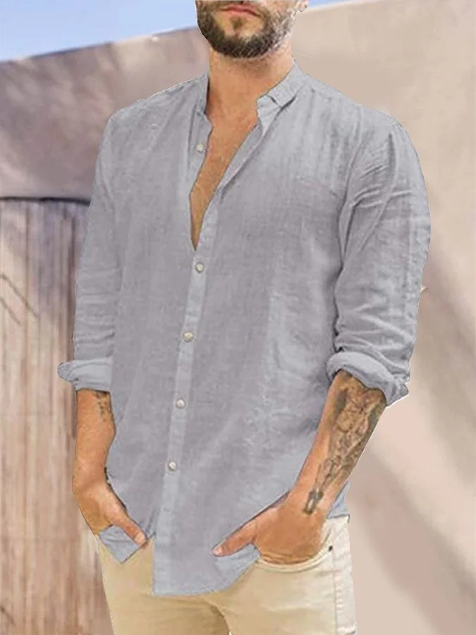 Cotton Linen Solid Color Casual Stand Collar Long Sleeve Shirt socialshop