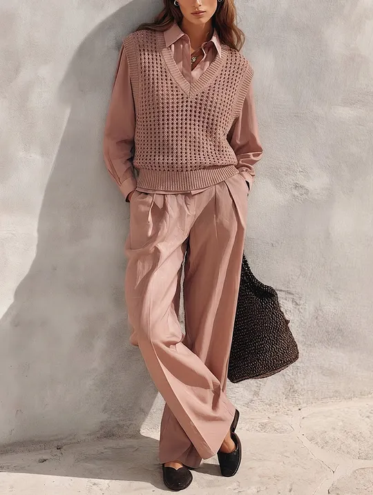 Women's 3-piece Set Featuring A Casual Dusty-pink Woven Shirt And A Knitted Openwork Vest MD